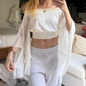 Bebe Off Shoulder Lace Boho Bell Sleeve Crop Top Festival Cream with Sheer Mesh